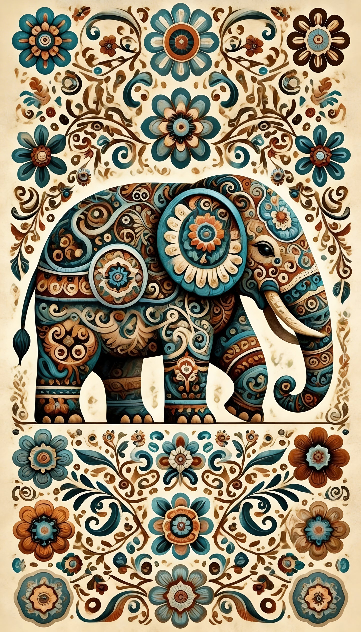 Floral Elephant Majesty Folk Art Elegance-Luxurious-Indian Culture &  Folk Art 3D Textured Wall Art | UV Printed Embossed Canvas Wall Frame for Home Decor,living Room