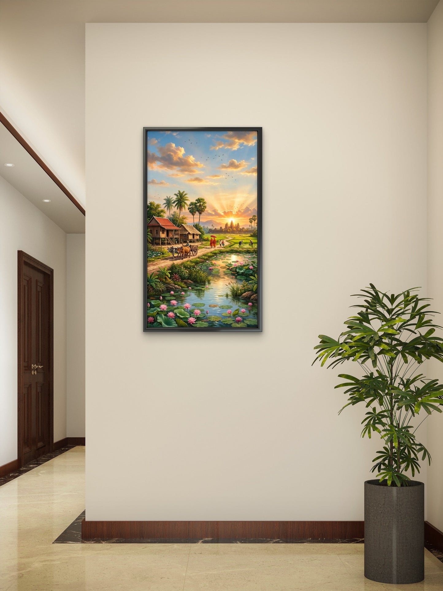 Golden Sunrise Temple Village Luxurious-Nature & Landscapes -3D Textured Wall Art | UV Embossed Canvas Wall Frame for Home decor