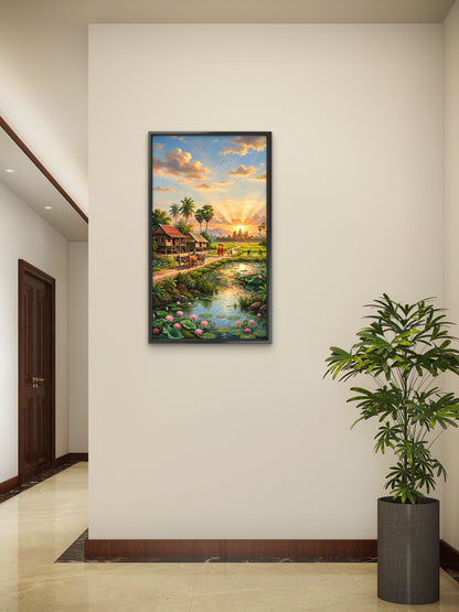 Golden Sunrise Temple Village Luxurious-Nature & Landscapes -3D Textured Wall Art | UV Embossed Canvas Wall Frame for Home decor