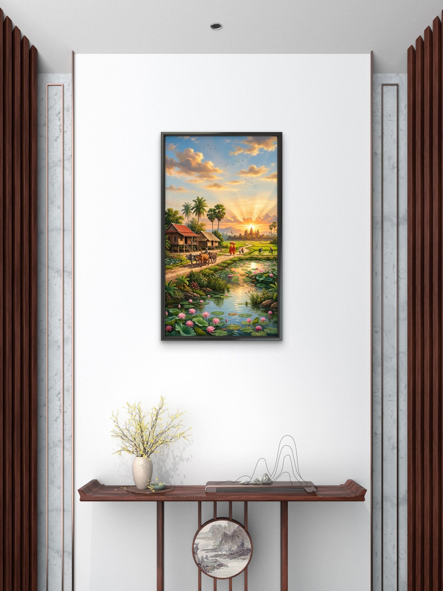 Golden Sunrise Temple Village Luxurious-Nature & Landscapes -3D Textured Wall Art | UV Embossed Canvas Wall Frame for Home decor