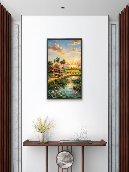 Golden Sunrise Temple Village Luxurious-Nature & Landscapes -3D Textured Wall Art | UV Embossed Canvas Wall Frame for Home decor