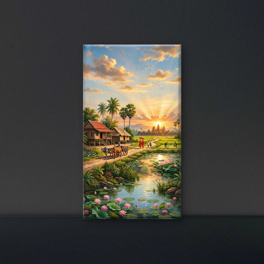 Golden Sunrise Temple Village Luxurious-Nature & Landscapes -3D Textured Wall Art | UV Embossed Canvas Wall Frame for Home decor