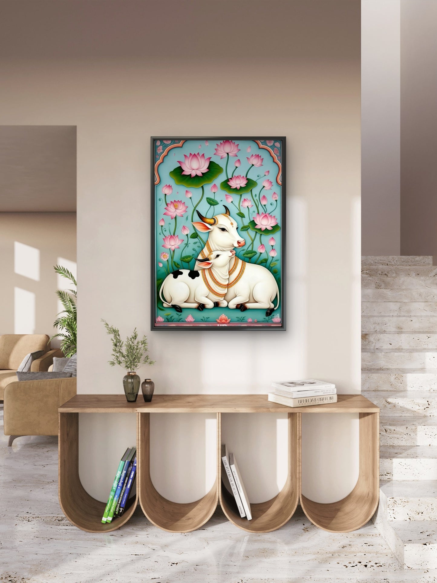 Grace in the Lotus Pond-Luxurious-Indian Culture &  Folk Art 3D Textured Wall Art | UV Printed Embossed Canvas Wall Frame for Home Decor,living Room
