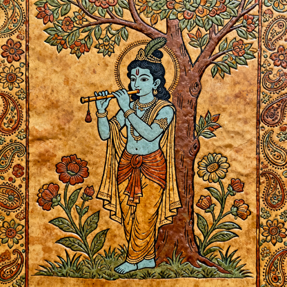 Lord-krishna-playing-flute-under-a-tree-Luxurious-Kalamkari and Pattachitra folk art- 3D Textured Wall Art | UV Printed Embossed Canvas Wall Frame for Home Decor,living Room