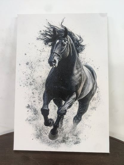 A majestic black horse running amidst a stark white background with artistic ink splatter effects-Luxurious-Wild life & animal -3D Textured Wall Art | UV Embossed Canvas Wall Frame for Home decor