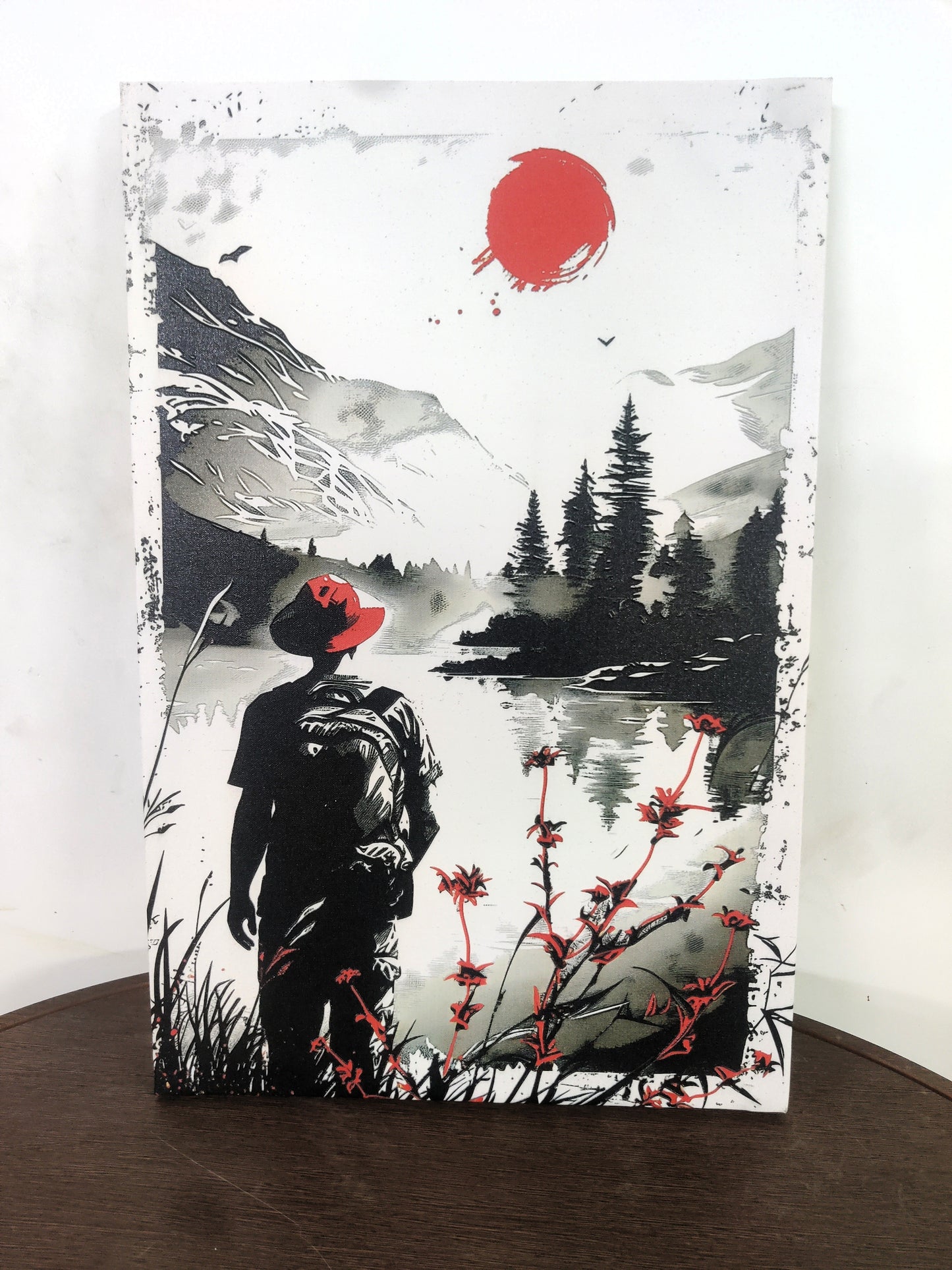 woman-stands-front-lake-with-red-flower-Luxurious-Nature and landscape | 3D Textured Wall Art | UV Printed Embossed Canvas Wall Frame for Home Decor,Living Room