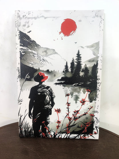 woman-stands-front-lake-with-red-flower-Luxurious-Nature and landscape | 3D Textured Wall Art | UV Printed Embossed Canvas Wall Frame for Home Decor,Living Room
