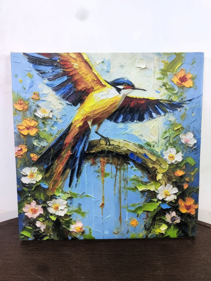 Vibrant Bird on a Flowering Branch-Luxurious-Wildlife & Animals-3D Textured Wall Art | UV Embossed Canvas Wall Frame for Home decor