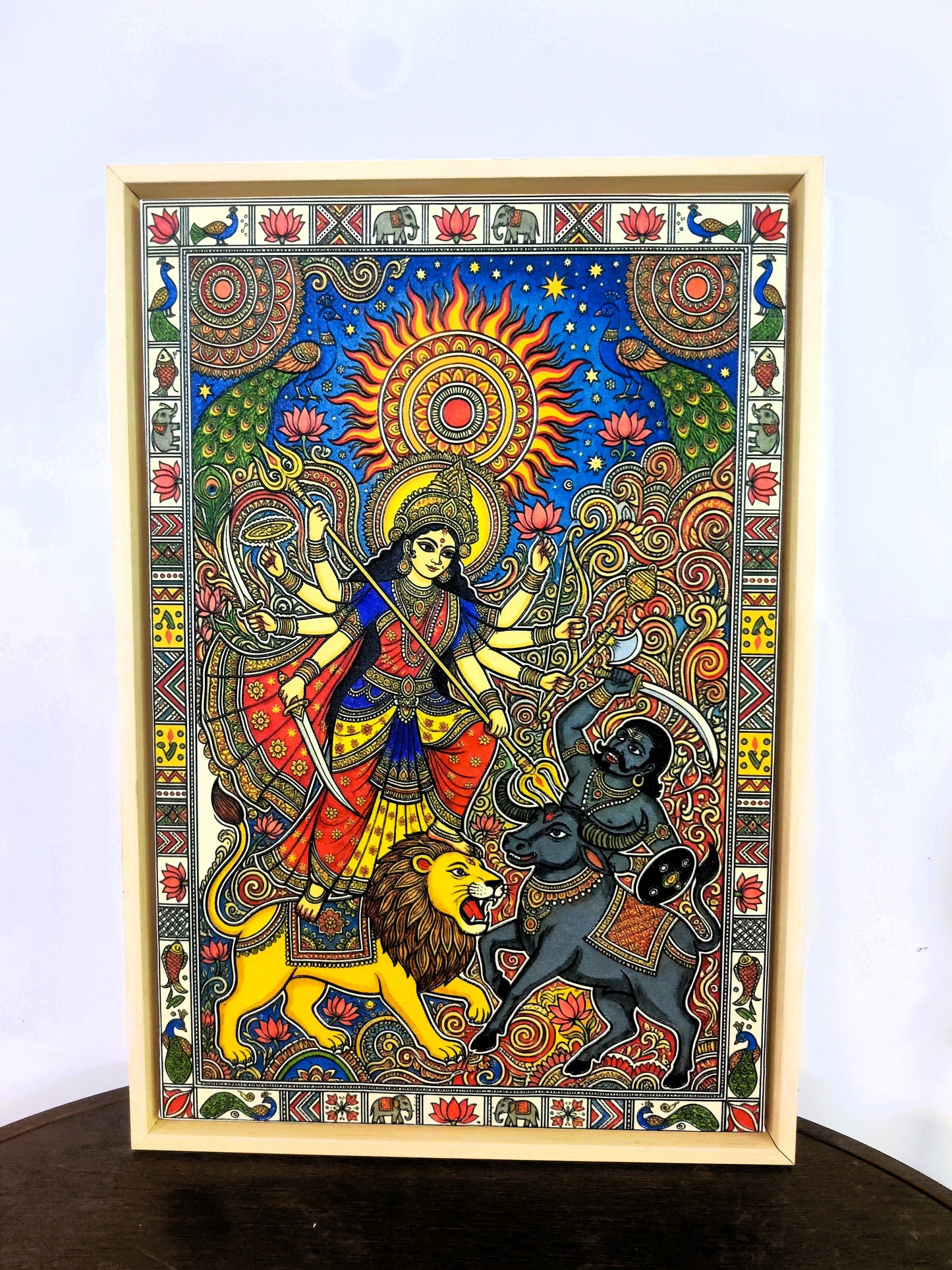A traditional Madhubani-style painting depicting the Hindu goddess Durga in a battle scene-Luxurious-Indian Culture &  Folk Art-3D Textured Wall Art | UV Embossed Canvas Wall Frame for Home decor