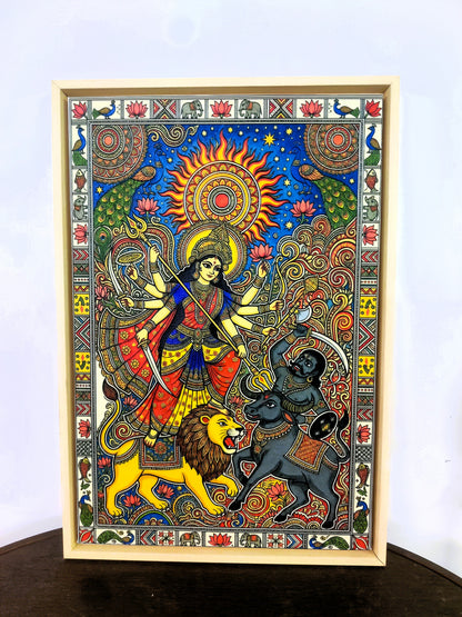 A traditional Madhubani-style painting depicting the Hindu goddess Durga in a battle scene-Luxurious-Indian Culture &  Folk Art-3D Textured Wall Art | UV Embossed Canvas Wall Frame for Home decor