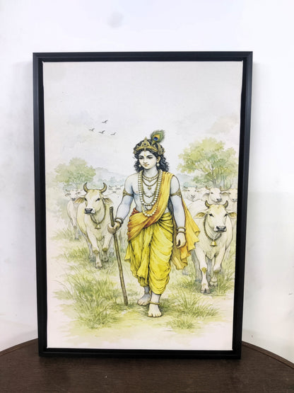 The Hindu deity Lord Krishna herding a group of sacred cows-Luxurious-Spiritul & Mindful-3D Textured Wall Art | UV Embossed Canvas Wall Frame for Home decor