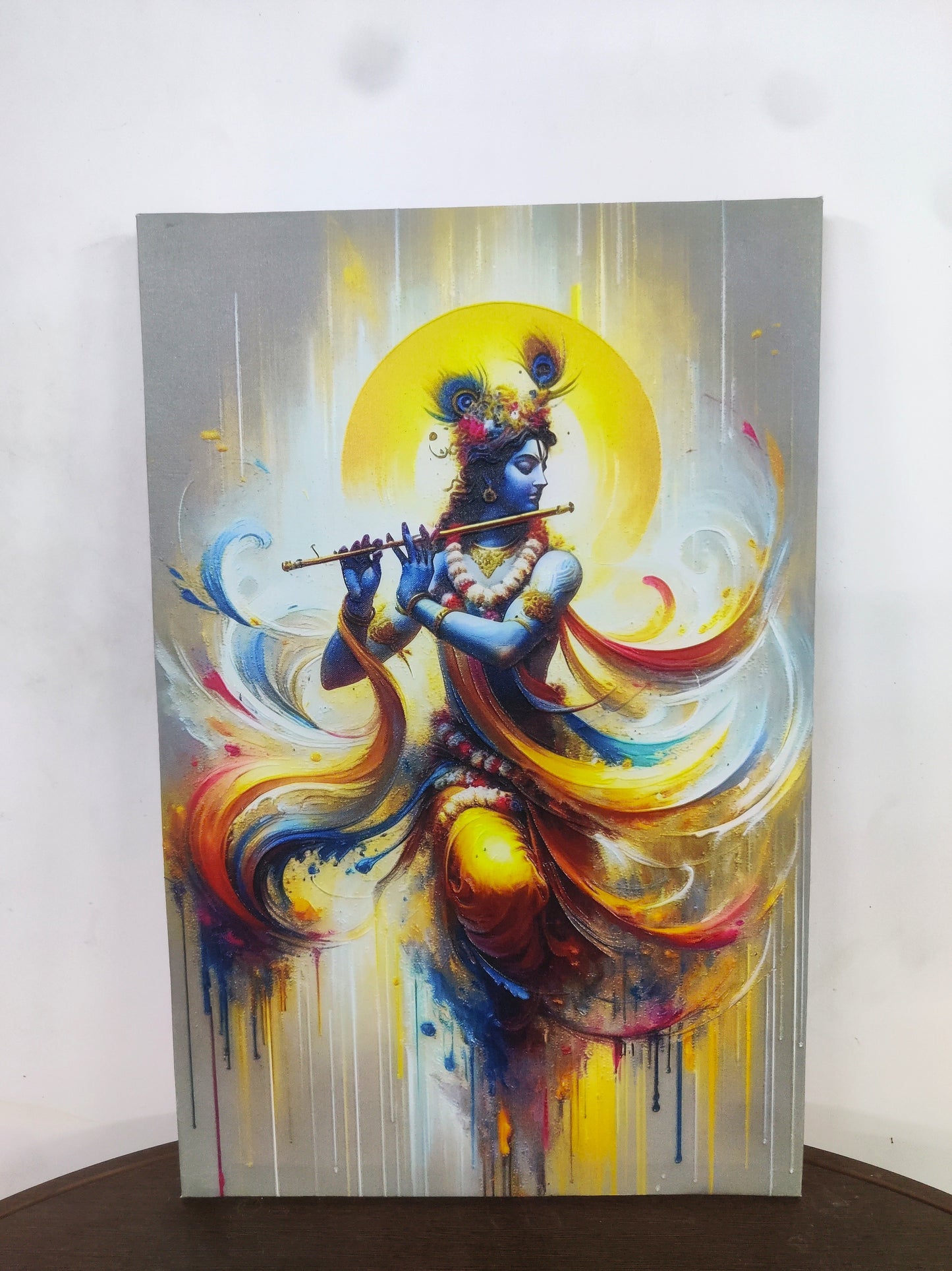 Krishna Watercolour digital Art-Luxurious-Spiritual & Mindful 3D Textured Wall Art | UV Printed Embossed Canvas Wall Frame for Prayer room ,Meditation Space