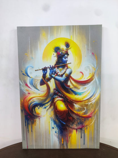 Krishna Watercolour digital Art-Luxurious-Spiritual & Mindful 3D Textured Wall Art | UV Printed Embossed Canvas Wall Frame for Prayer room ,Meditation Space