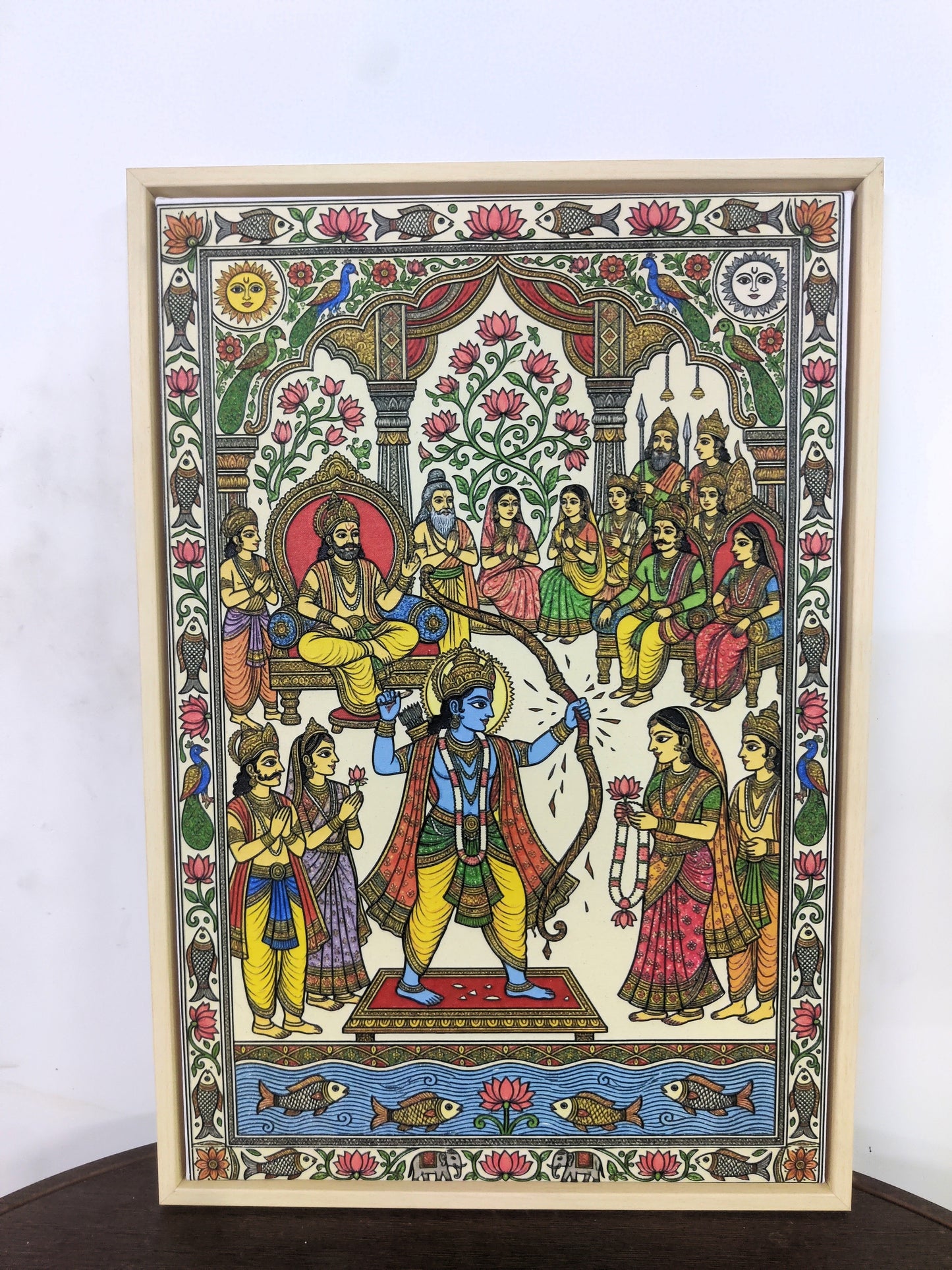 A traditional Madhubani/Mithila art depicting the wedding scene of Lord Rama and Sita-Luxurious-3D Textured Wall Art | UV Embossed Canvas Wall Frame for Home decor
