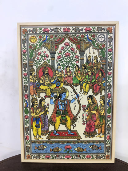 A traditional Madhubani/Mithila art depicting the wedding scene of Lord Rama and Sita-Luxurious-3D Textured Wall Art | UV Embossed Canvas Wall Frame for Home decor