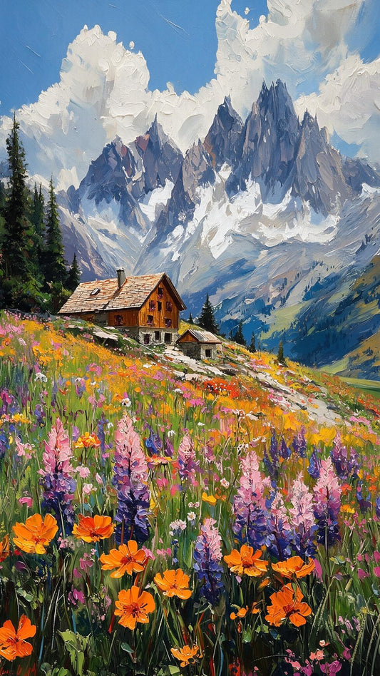 Impasto Alpine Chalet & Wildflower Mountain Luxurious-Floral & Botanical-3D Textured Wall Art | UV Embossed Canvas Wall Frame for Home decor