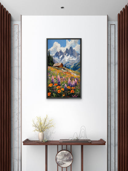 Impasto Alpine Chalet & Wildflower Mountain Luxurious-Floral & Botanical-3D Textured Wall Art | UV Embossed Canvas Wall Frame for Home decor