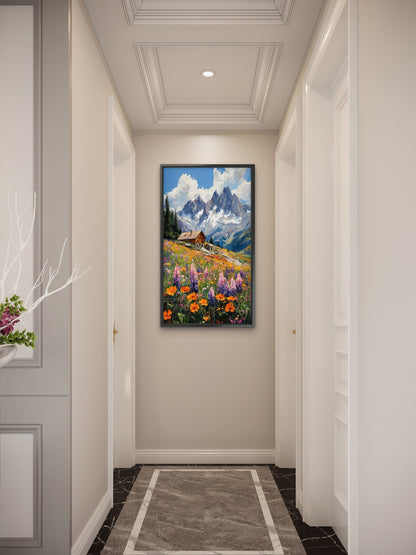 Impasto Alpine Chalet & Wildflower Mountain Luxurious-Floral & Botanical-3D Textured Wall Art | UV Embossed Canvas Wall Frame for Home decor