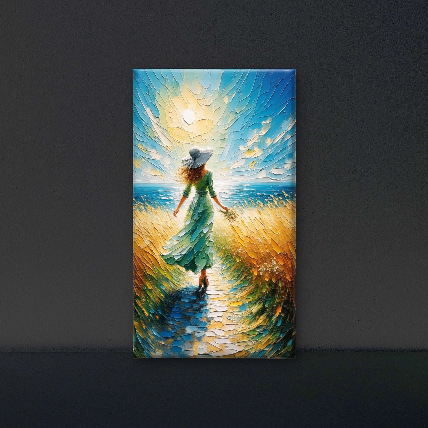 Impasto Coastal Woman in Green Dress Luxurious- Lifestyle, Passions & Interests-3D Textured Wall Art | UV Embossed Canvas Wall Frame for Home decor