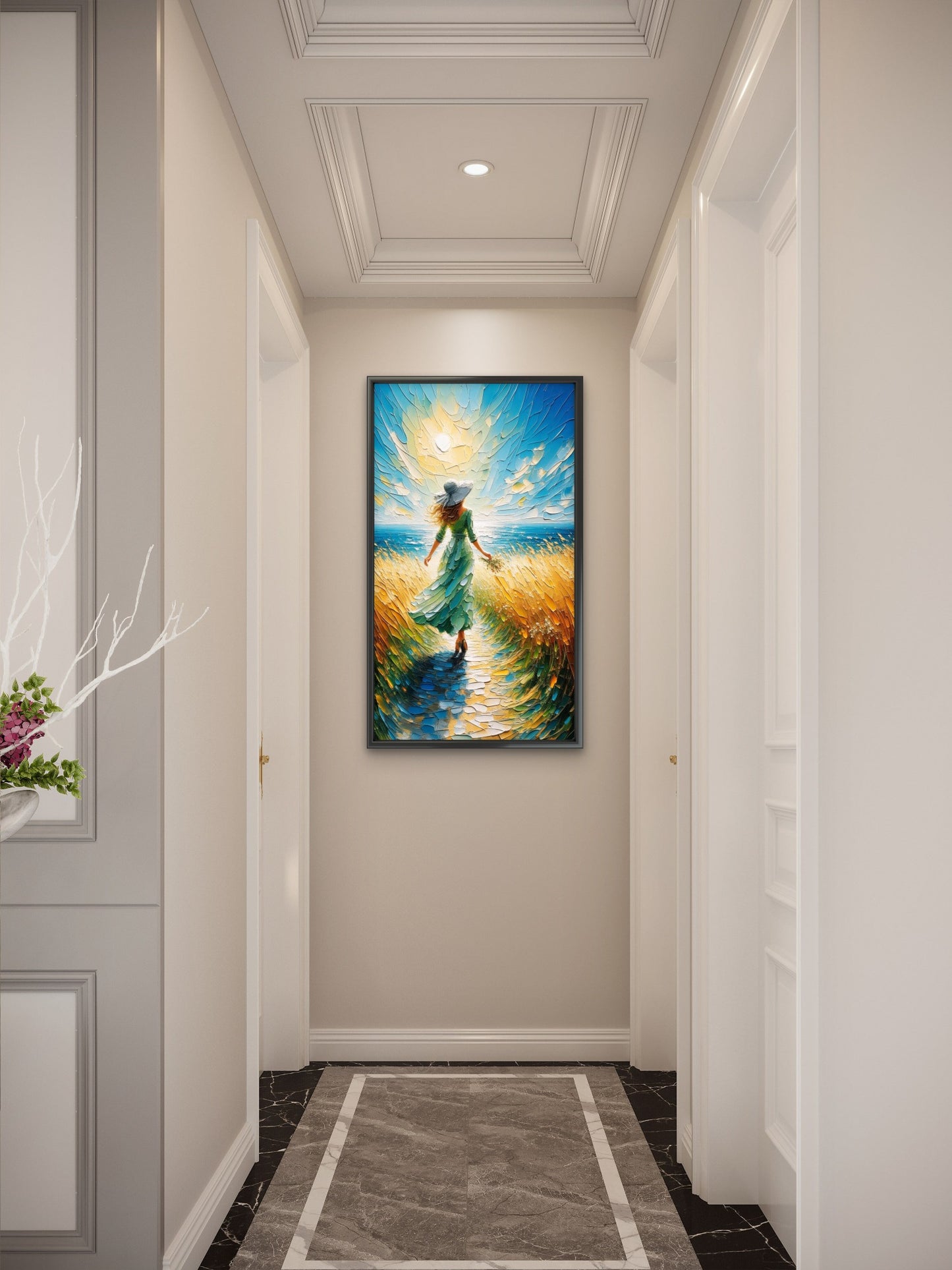 Impasto Coastal Woman in Green Dress Luxurious- Lifestyle, Passions & Interests-3D Textured Wall Art | UV Embossed Canvas Wall Frame for Home decor