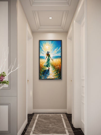 Impasto Coastal Woman in Green Dress Luxurious- Lifestyle, Passions & Interests-3D Textured Wall Art | UV Embossed Canvas Wall Frame for Home decor