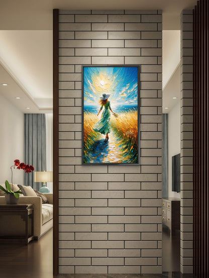 Impasto Coastal Woman in Green Dress Luxurious- Lifestyle, Passions & Interests-3D Textured Wall Art | UV Embossed Canvas Wall Frame for Home decor
