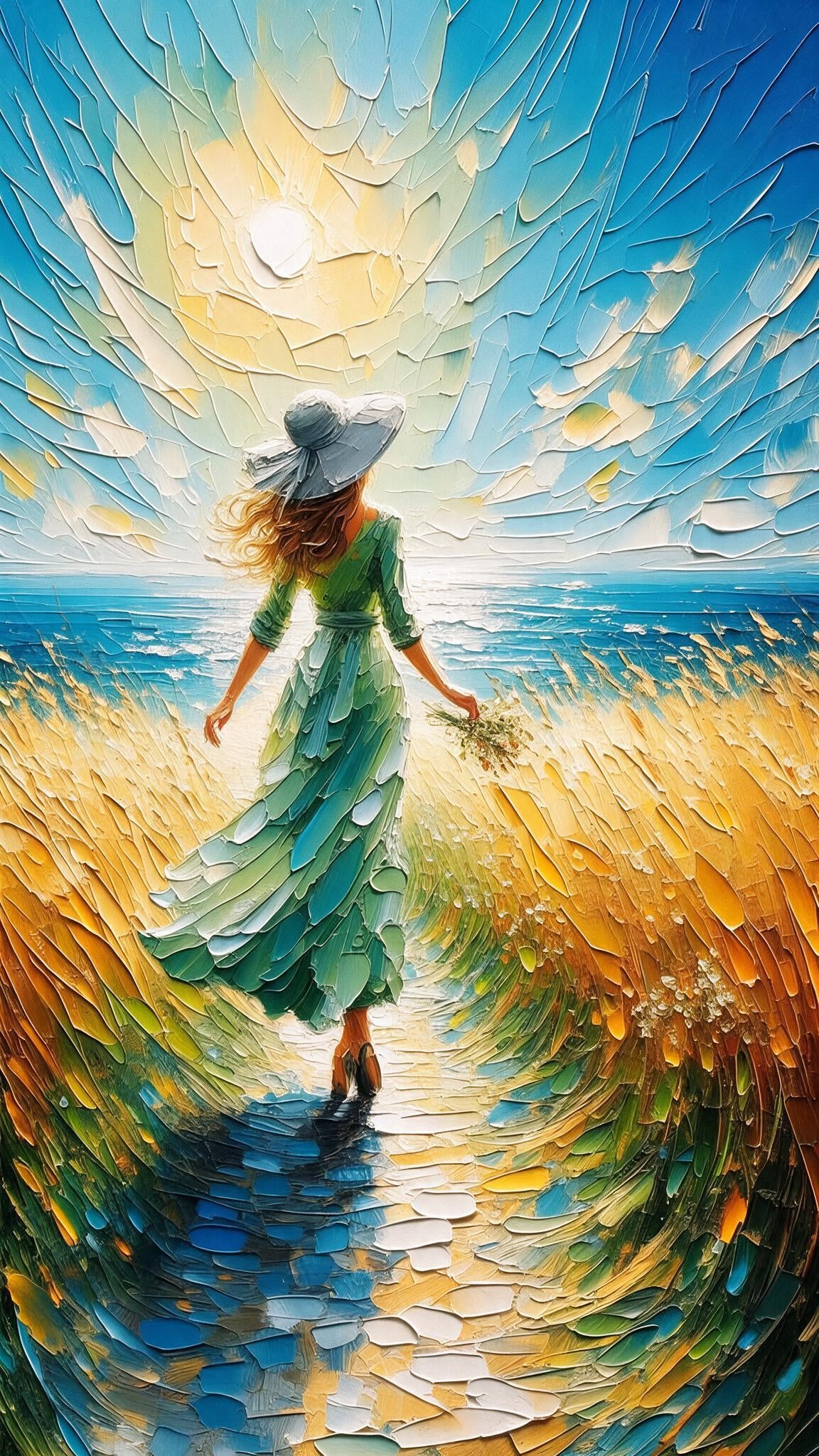 Impasto Coastal Woman in Green Dress Luxurious- Lifestyle, Passions & Interests-3D Textured Wall Art | UV Embossed Canvas Wall Frame for Home decor