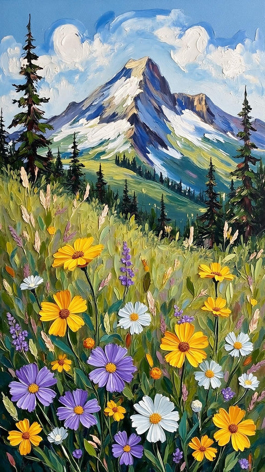 Impasto Mountain Wildflower Art Luxurious-Floral & Botanical-3D Textured Wall Art | UV Embossed Canvas Wall Frame for Home decor