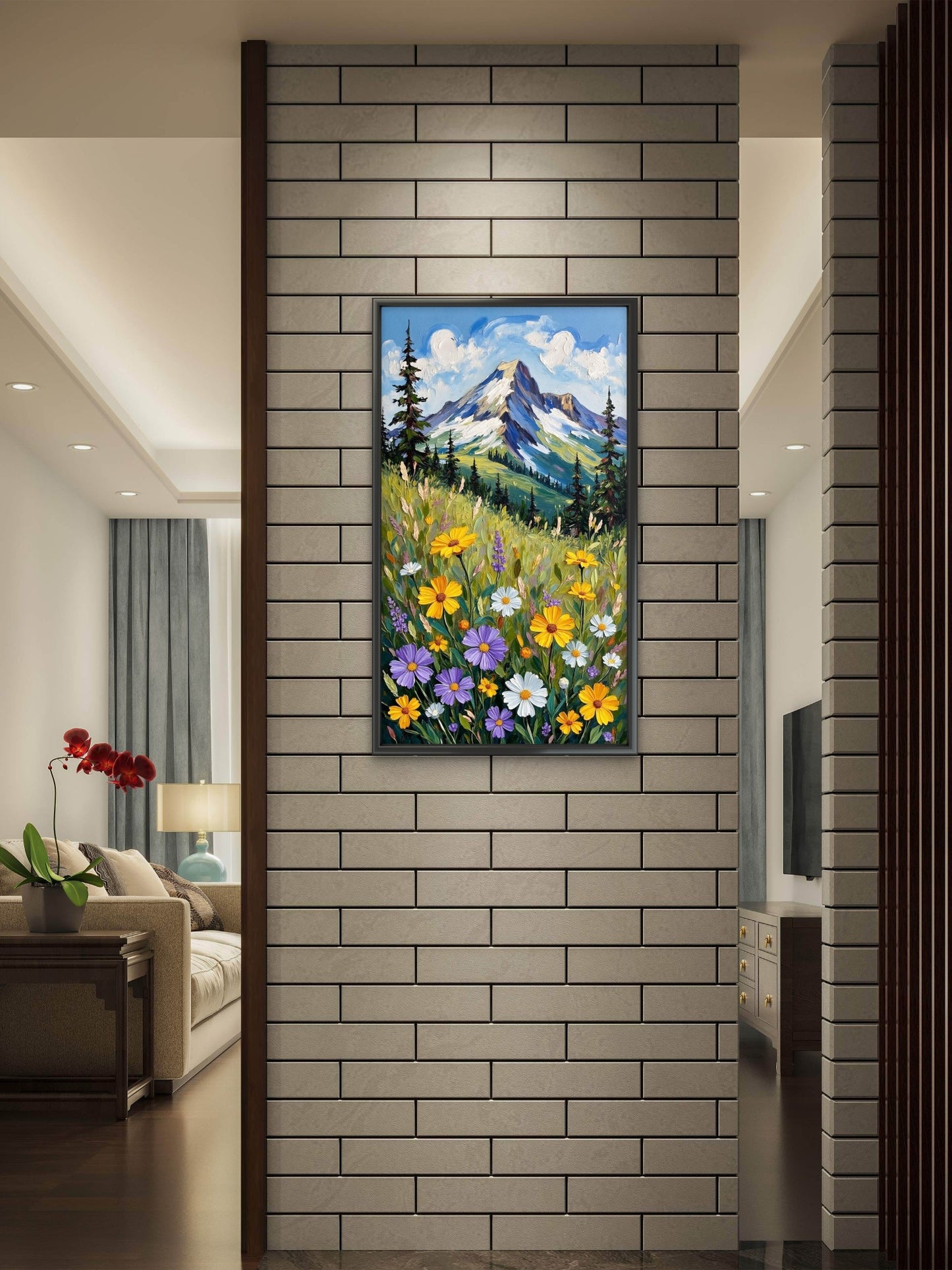 Impasto Mountain Wildflower Art Luxurious-Floral & Botanical-3D Textured Wall Art | UV Embossed Canvas Wall Frame for Home decor