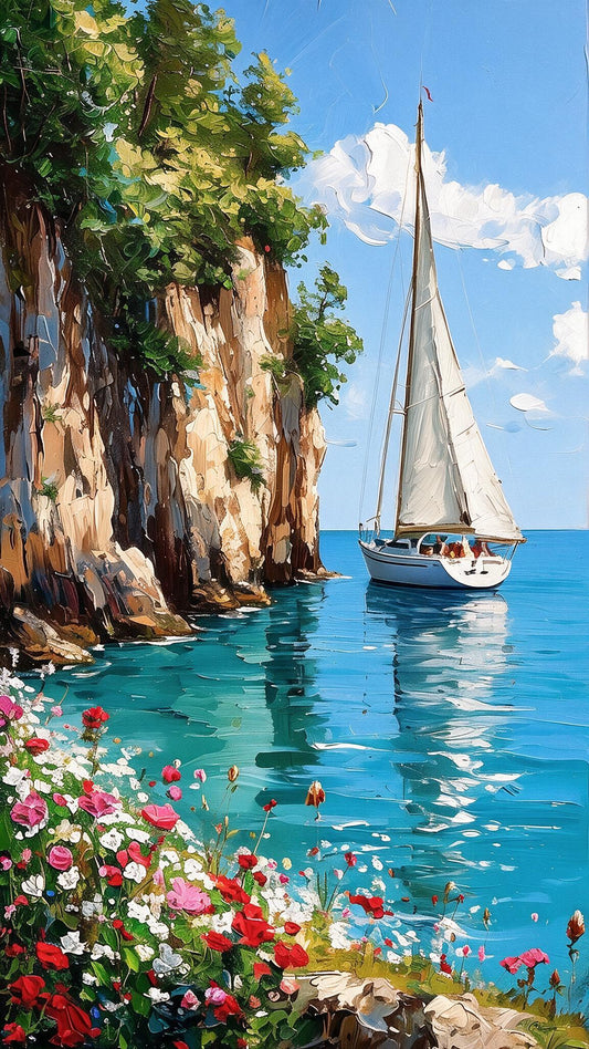 Impasto Sailboat & Coastal Cliff-Floral & Botanical-3D Textured Wall Art | UV Embossed Canvas Wall Frame for Home decor
