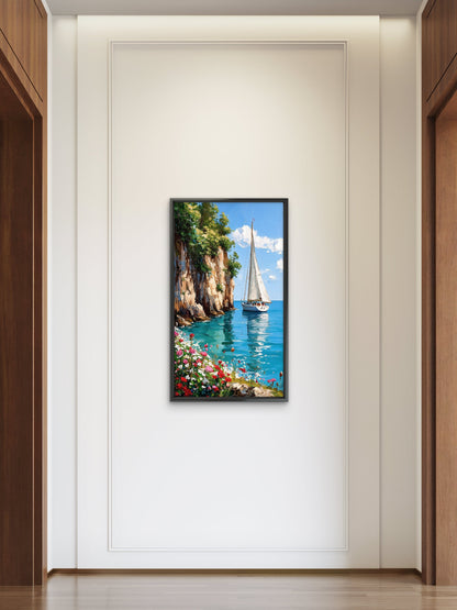 Impasto Sailboat & Coastal Cliff-Floral & Botanical-3D Textured Wall Art | UV Embossed Canvas Wall Frame for Home decor