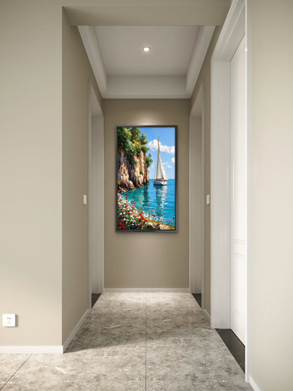 Impasto Sailboat & Coastal Cliff-Floral & Botanical-3D Textured Wall Art | UV Embossed Canvas Wall Frame for Home decor