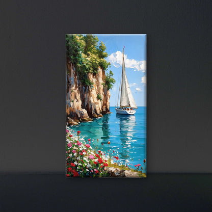 Impasto Sailboat & Coastal Cliff-Floral & Botanical-3D Textured Wall Art | UV Embossed Canvas Wall Frame for Home decor