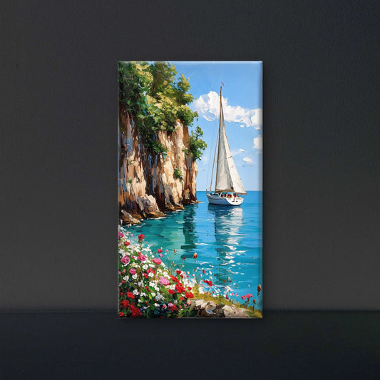 Impasto Sailboat & Coastal Cliff-Floral & Botanical-3D Textured Wall Art | UV Embossed Canvas Wall Frame for Home decor