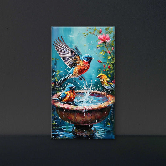 Impasto Songbirds at Birdbath Garden-Wild life & animal -3D Textured Wall Art | UV Embossed Canvas Wall Frame for Home decor