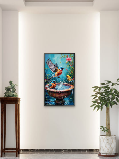 Impasto Songbirds at Birdbath Garden-Wild life & animal -3D Textured Wall Art | UV Embossed Canvas Wall Frame for Home decor