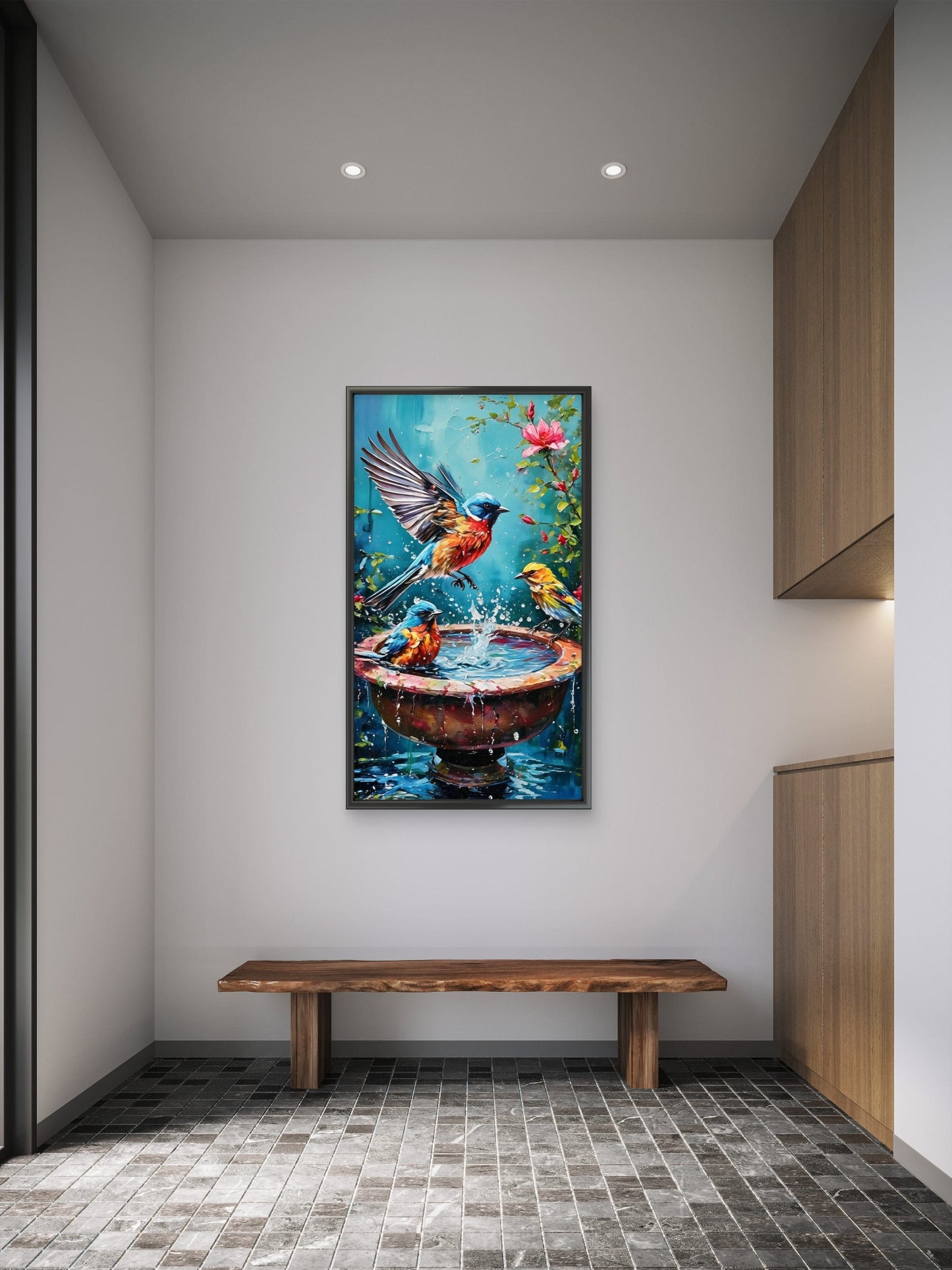 Impasto Songbirds at Birdbath Garden-Wild life & animal -3D Textured Wall Art | UV Embossed Canvas Wall Frame for Home decor