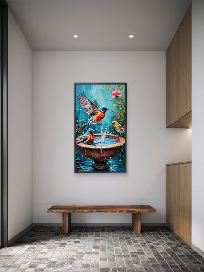 Impasto Songbirds at Birdbath Garden-Wild life & animal -3D Textured Wall Art | UV Embossed Canvas Wall Frame for Home decor