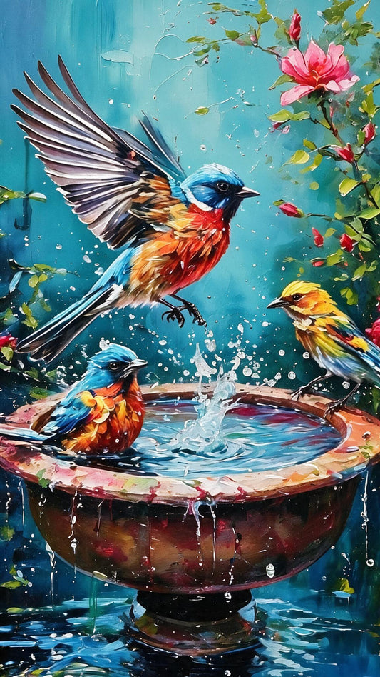 Impasto Songbirds at Birdbath Garden-Wild life & animal -3D Textured Wall Art | UV Embossed Canvas Wall Frame for Home decor