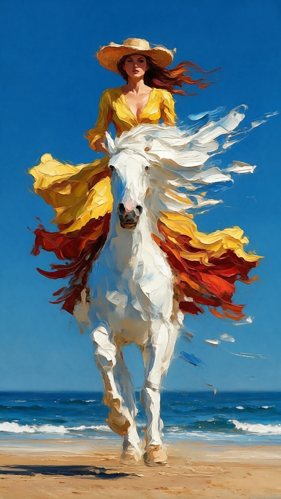 Impasto Woman Riding Horse Beach Wall Art Luxurious- Lifestyle, Passions & Interests-3D Textured Wall Art | UV Embossed Canvas Wall Frame for Home decor