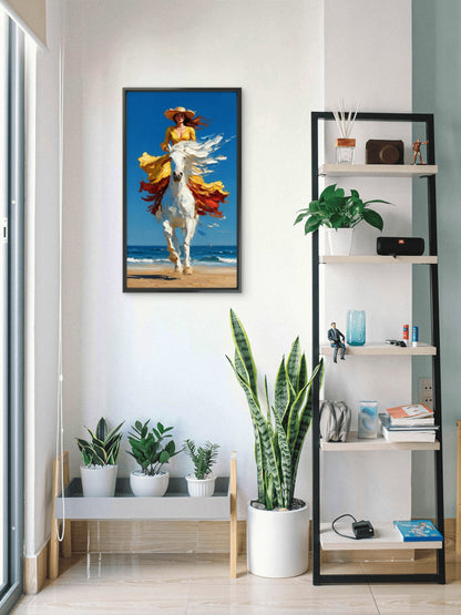 Impasto Woman Riding Horse Beach Wall Art Luxurious- Lifestyle, Passions & Interests-3D Textured Wall Art | UV Embossed Canvas Wall Frame for Home decor