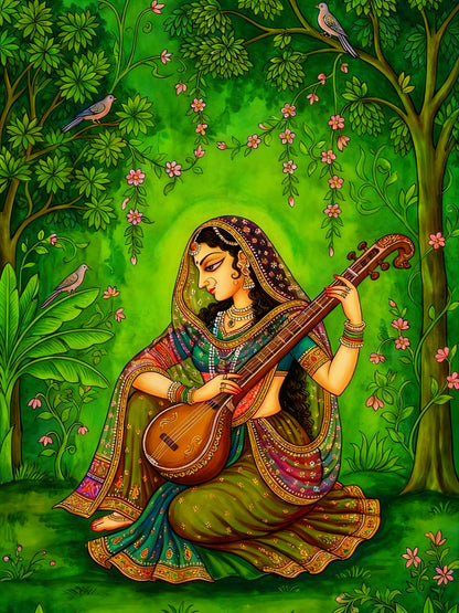 Indian Classical Musician Lady Wall Art-Luxurious-Indian Culture &  Folk Art 3D Textured Wall Art | UV Printed Embossed Canvas Wall Frame for Home Decor,living Room