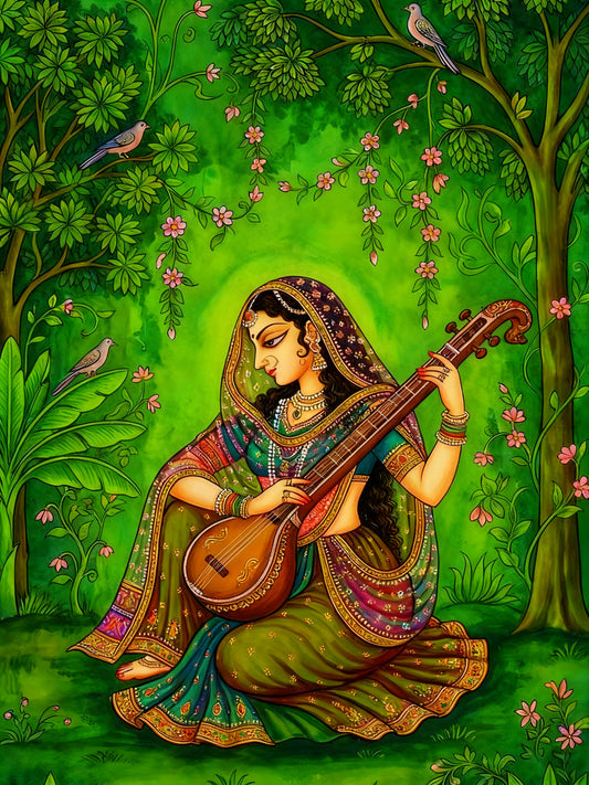 Indian Classical Musician Lady Wall Art-Luxurious-Indian Culture &  Folk Art 3D Textured Wall Art | UV Printed Embossed Canvas Wall Frame for Home Decor,living Room