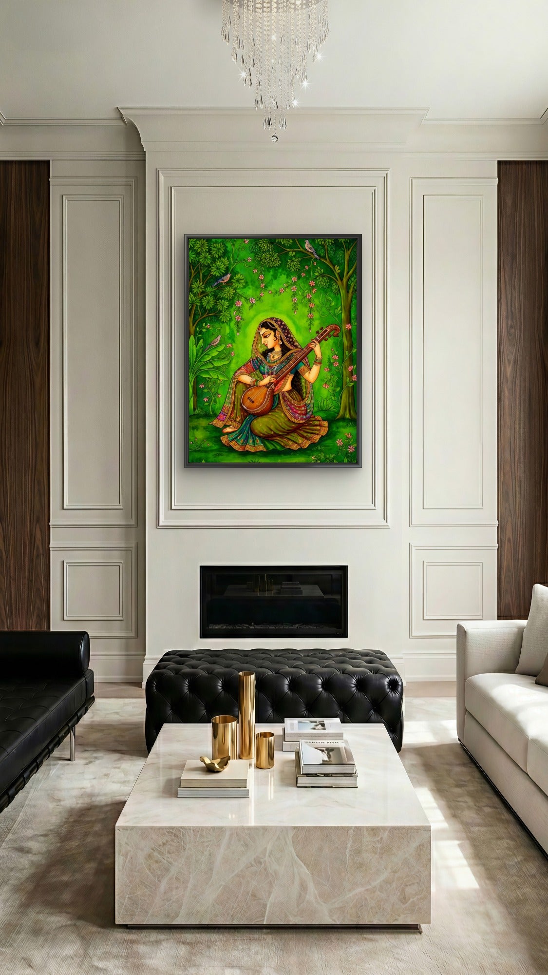 Indian Classical Musician Lady Wall Art-Luxurious-Indian Culture &  Folk Art 3D Textured Wall Art | UV Printed Embossed Canvas Wall Frame for Home Decor,living Room