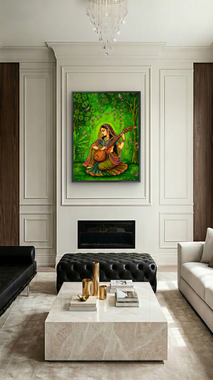 Indian Classical Musician Lady Wall Art-Luxurious-Indian Culture &  Folk Art 3D Textured Wall Art | UV Printed Embossed Canvas Wall Frame for Home Decor,living Room