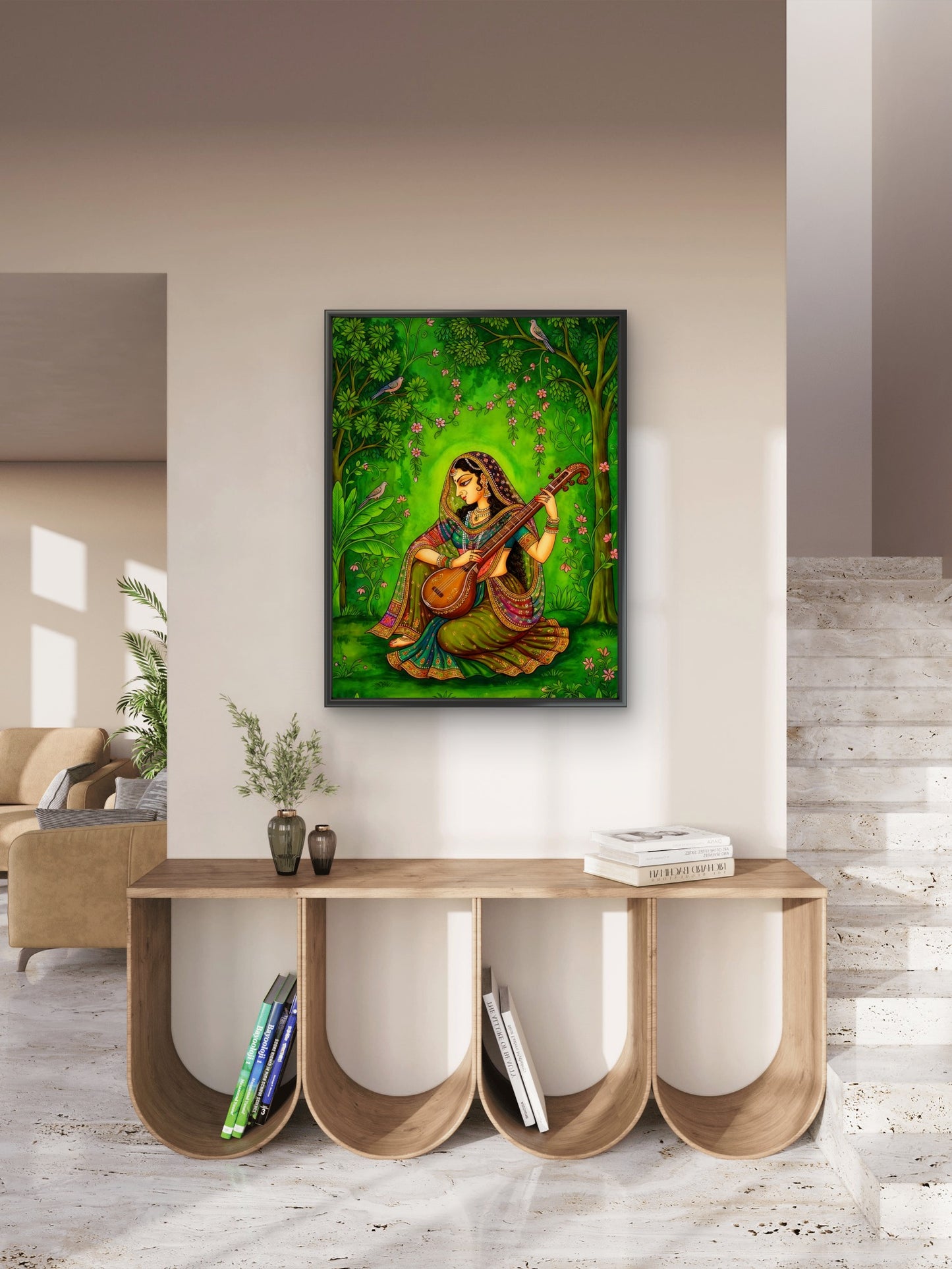 Indian Classical Musician Lady Wall Art-Luxurious-Indian Culture &  Folk Art 3D Textured Wall Art | UV Printed Embossed Canvas Wall Frame for Home Decor,living Room