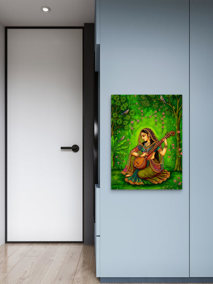 Indian Classical Musician Lady Wall Art-Luxurious-Indian Culture &  Folk Art 3D Textured Wall Art | UV Printed Embossed Canvas Wall Frame for Home Decor,living Room
