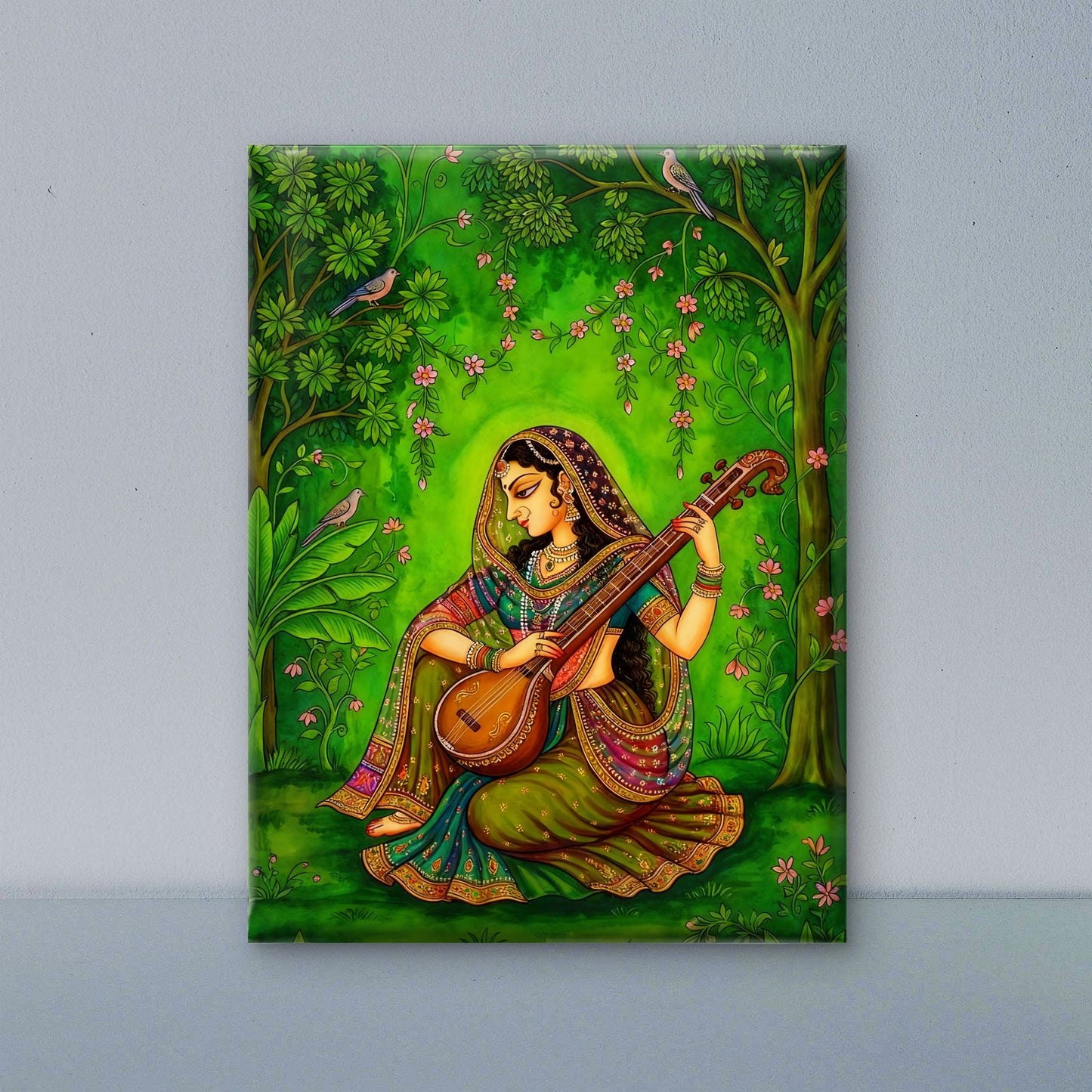 Indian Classical Musician Lady Wall Art-Luxurious-Indian Culture &  Folk Art 3D Textured Wall Art | UV Printed Embossed Canvas Wall Frame for Home Decor,living Room