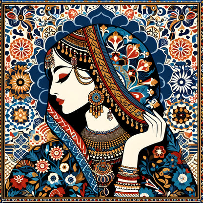 Indian tradional woman in floral Pattern-Luxurious-Indian Culture &  Folk Art-3D Textured Wall Art | UV Embossed Canvas Wall Frame for Home decor