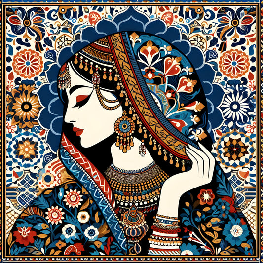Indian tradional woman in floral Pattern-Luxurious-Indian Culture &  Folk Art-3D Textured Wall Art | UV Embossed Canvas Wall Frame for Home decor